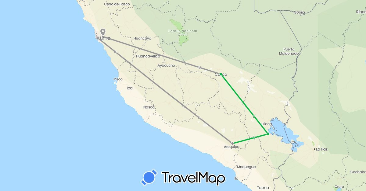 TravelMap itinerary: bus, plane in Peru (South America)